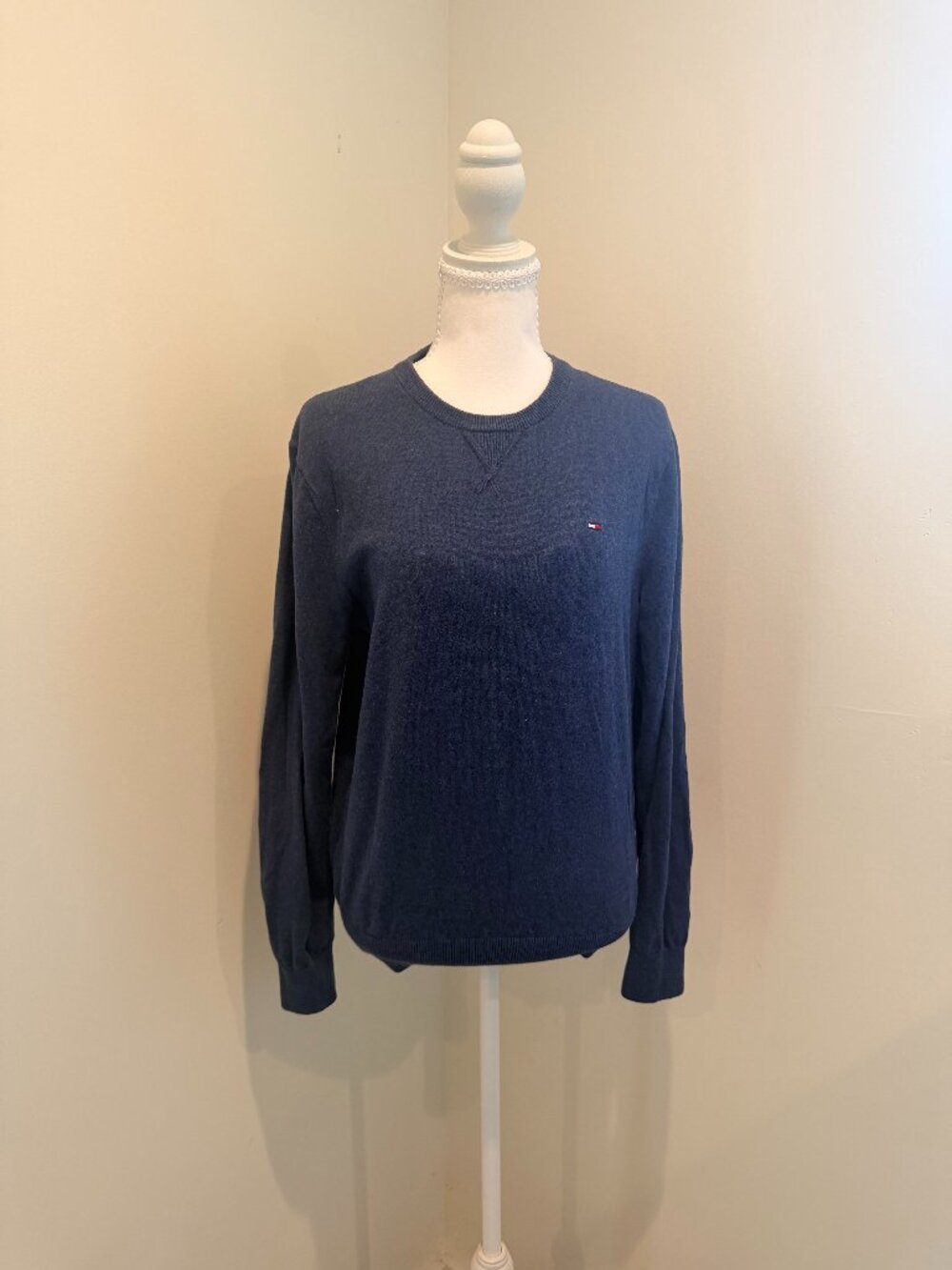 Tommy Hilfiger Blue Long-Sleeve Sweater with Embroidered Flag Logo S